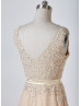 Deep V Neck Champagne Lace Tulle Beading Floor Length Prom Dress